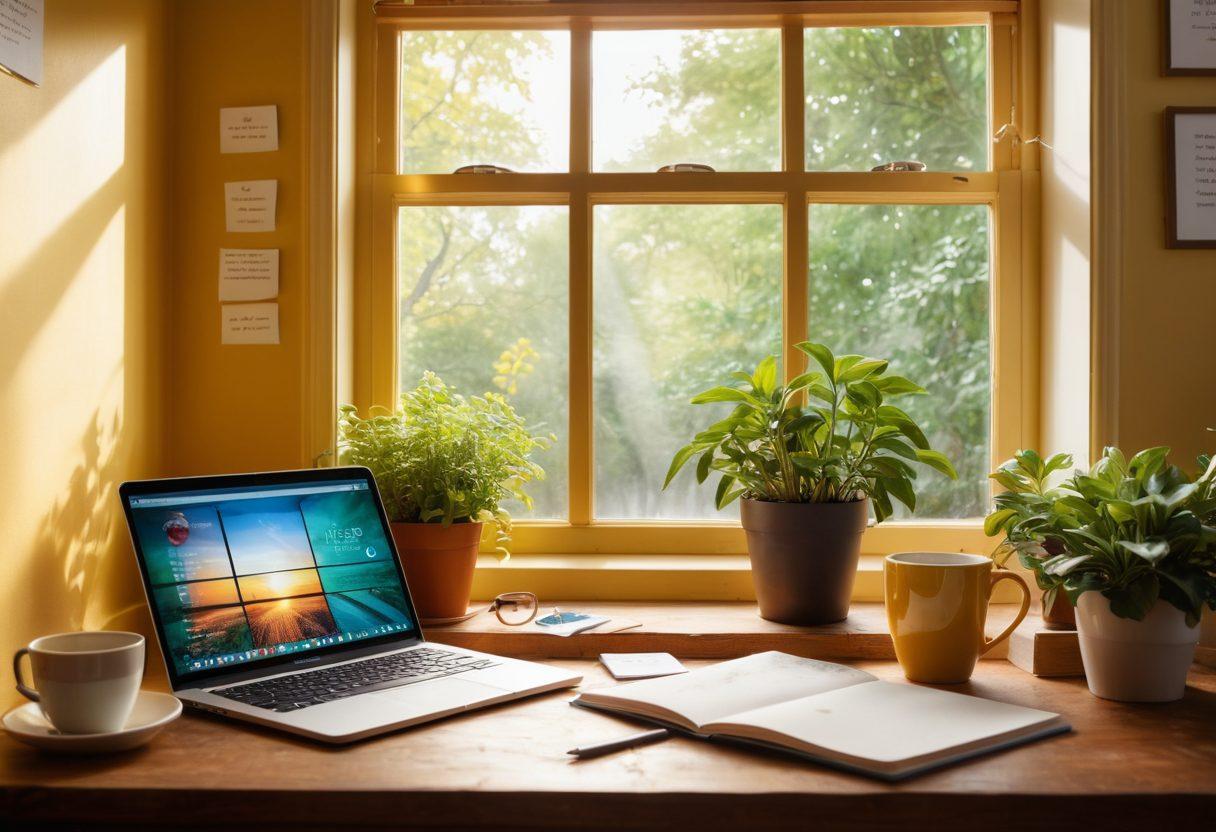 An inviting workspace filled with colorful notebooks and a laptop displaying a blog page, surrounded by plants and warm light. A steaming cup of coffee sits nearby, symbolizing inspiration and creativity. The background features a motivational quote on a wall and a window showing a sunny day outside. Illustrate Richard Male's thoughtful expression while jotting down ideas, emphasizing a personal touch to blogging. super-realistic. vibrant colors. warm tones.