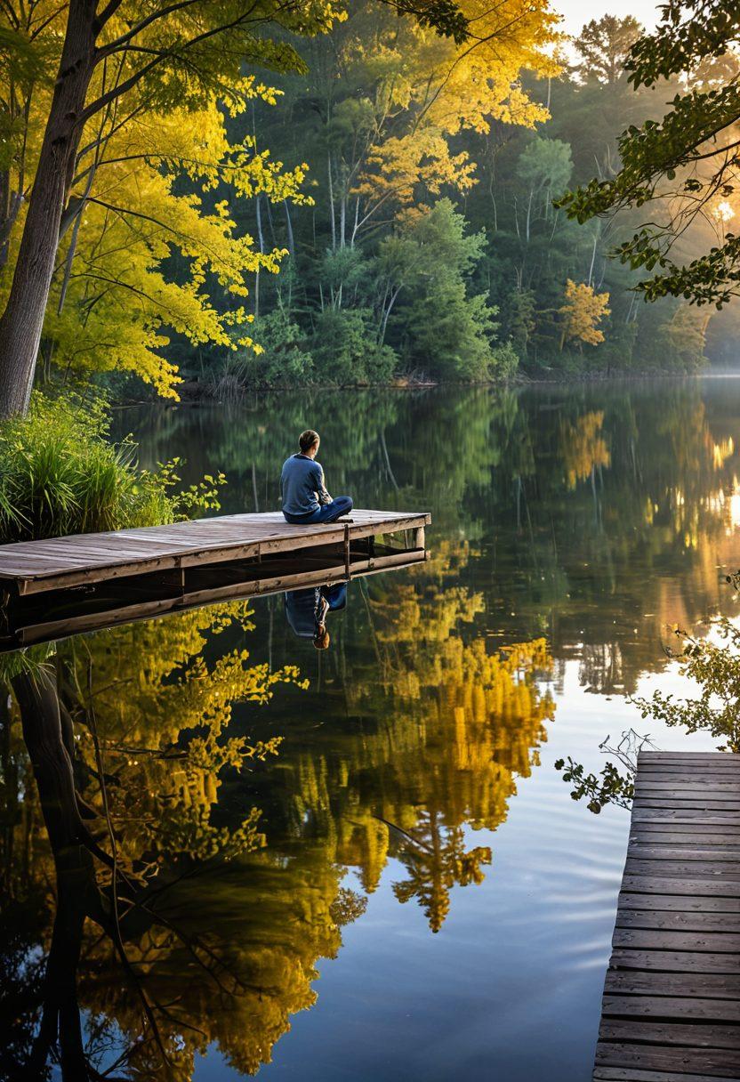 A serene lakeside scene at dawn, with a person sitting on a wooden dock, gazing at their reflection on the water. The surrounding trees are lush and vibrant, and a soft mist hovers over the lake, fostering a sense of contemplation and personal growth. The sky is painted with warm, golden hues, symbolizing new beginnings. super-realistic. vibrant colors. peaceful ambiance.
