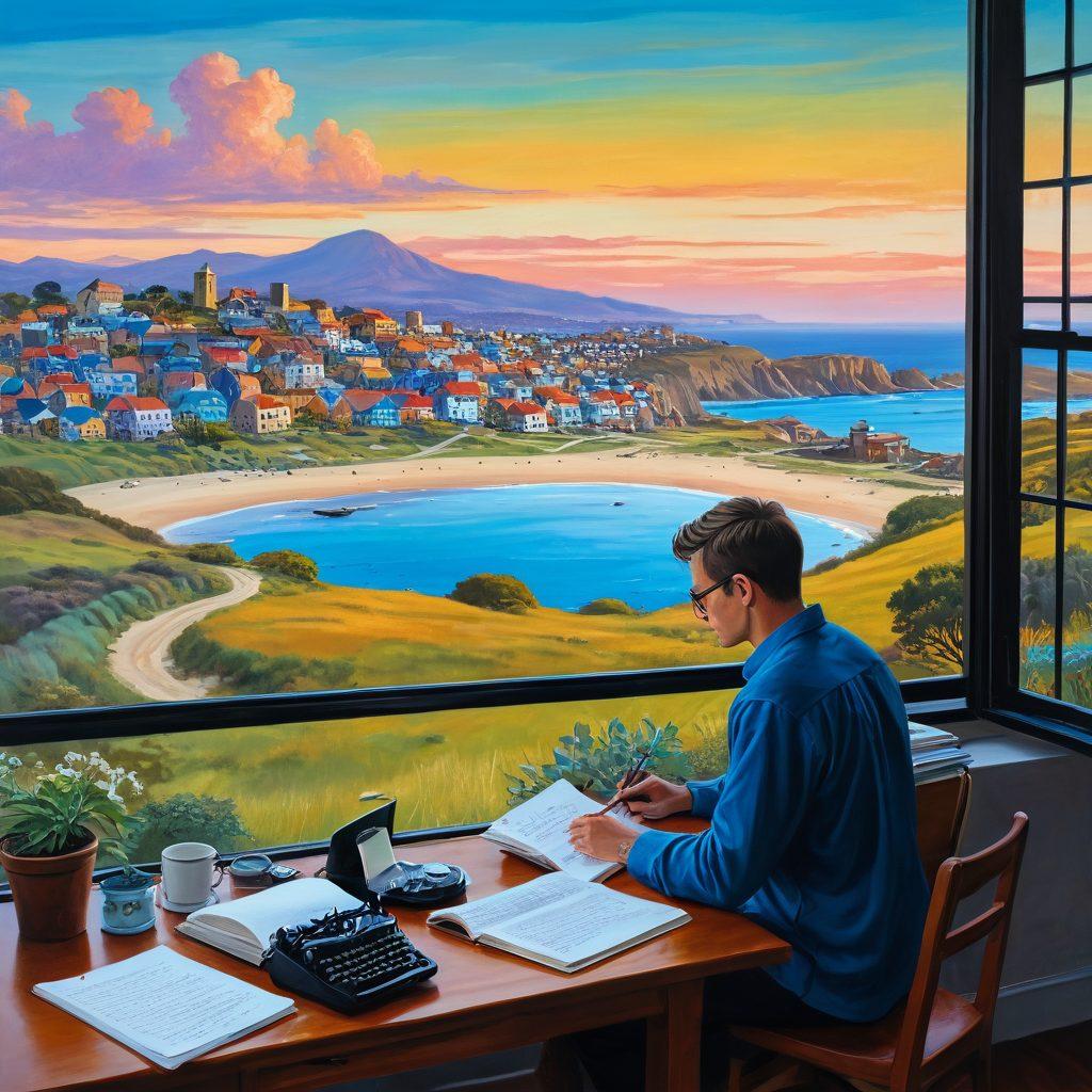 A serene landscape reflecting diverse lifestyles, featuring a panoramic view of a peaceful countryside, a bustling city skyline, and serene coastal scenery. In the foreground, a contemplative figure resembling Richard Male, jotting down thoughts in a notebook, surrounded by symbols of blogging wisdom like a vintage typewriter, a steaming coffee cup, and open books. Soft, warm lighting envelops the scene, inviting the viewer into a reflective journey. painting. vibrant colors.